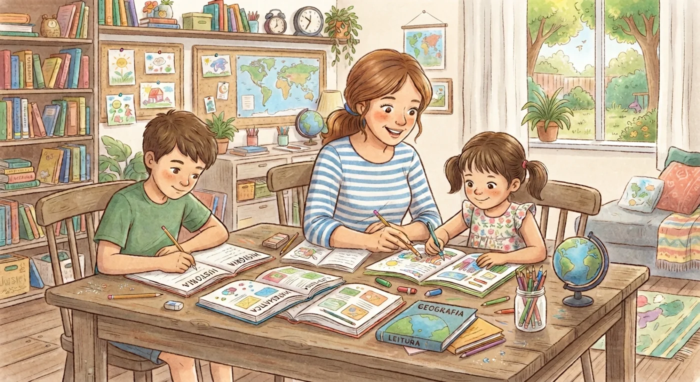 A family reading books together at a table at home